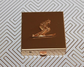 Skier brass trinket, pill, jewelry box, perfect for a skiers treasures!