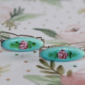 Charming Vintage Blue French Guilloché Barrettes with Hand-Painted Pink Flowers – Elegant Hair Clips for Girls, Gifts for little girls