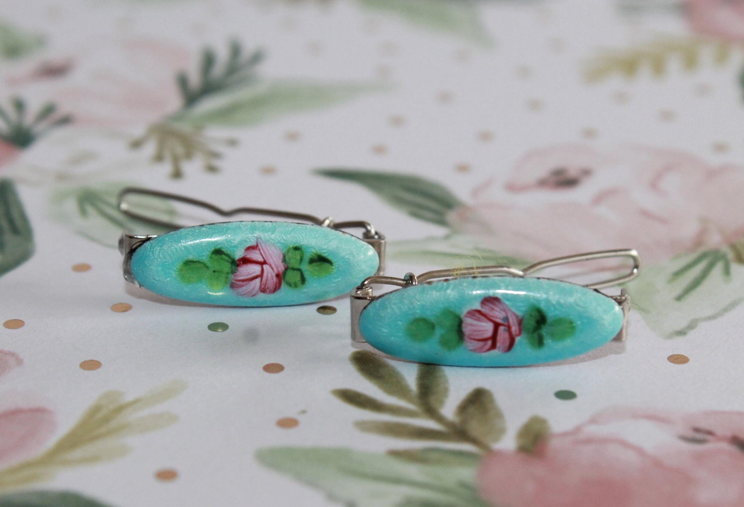 VINTAGE GUILLOCHE Cloisonné ENAMEL ROSE HAIR BARRETTES PINK WHITE Vintage Enameled Guilloche Barrette - Etsy main image 3