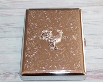 Victorian style etched wallet, business card, golf tee or ciggie case - year of the Rooster 1933, 1945, 1957, 1969, 1981, 1993, 2005, 2017