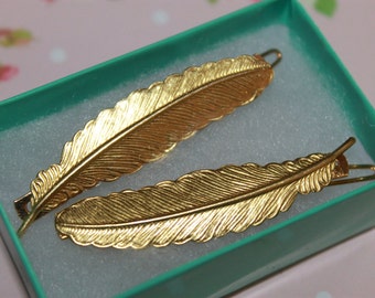 Brass Feather French barrettes for everyday or Woodland wedding hair accessory