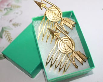 Bow and Arrow Hair Combs, Follow Your Arrow Hair Accessories, Boho Bridal Hair Comb, Woodland Wedding Hair, Archer Gift, Gold Hair Comb Set