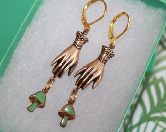 Brass Victorian hand earrings with vintage 60's enamel mushrooms for the FunGal!