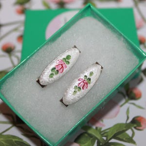 Charming Vintage French Guilloche White with Hand-Painted Pink Rose barrettes with vintage flair perfect for little girls hair