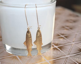 Brass Salmon Dangle Earrings, Fish Earrings, Trout, Alaska Gal, Oregon, Idaho,  Nature Lover, Camping, Woodland Earrings, Nature jewelry