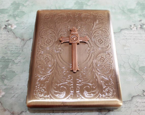 Victorian style Cross Cigarette Case, INRI Crucifix, Playing Card Case, Catholic Pocket Wallet, Antique Brass Cig Case, Business Card Holder