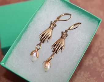 Brass Victorian hand earrings with pearl drops for the Jane Austen fan!