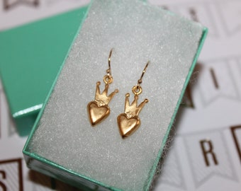 Gold Vermeil Heart and Crown earrings on 14K gold plated ear wire makes a beautiful gift