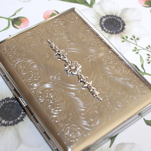 Victorian style etched wallet, business card, golf tee or ciggie case with Edelweiss - the Swiss National Flower, symbol of love and courage