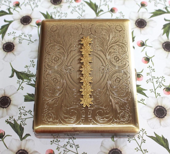 Vintage Style Daisy Cigarette Case, Wallet, Antique Brass Cig Case, Business Card Holder, Playing Card Holder, Botanical Gift