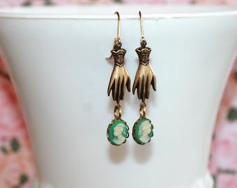Jane Austen Earrings, Victorian Hand Earrings, Green Cameo Earrings, Regencycore Jewelry, Bridgerton Inspired Gift