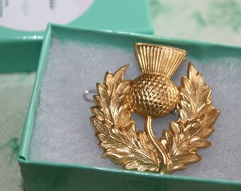 May include: A gold-colored metal thistle brooch with a detailed design. The thistle is surrounded by leaves and has a pin on the back.