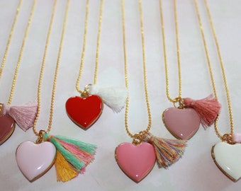 Enamel heart photo locket and tassel necklace, perfect for Valentines Day, Easter, Birthday or anytime gift!