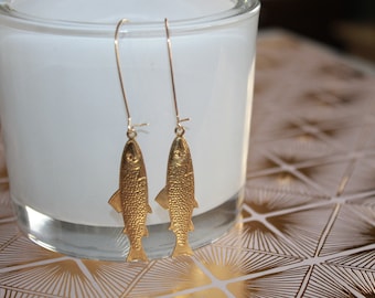 Brass Salmon Dangle Earrings, Fish Earrings, Trout, Alaska Gal, Nature Lover, Camping, Woodland Earrings, Nature jewelry