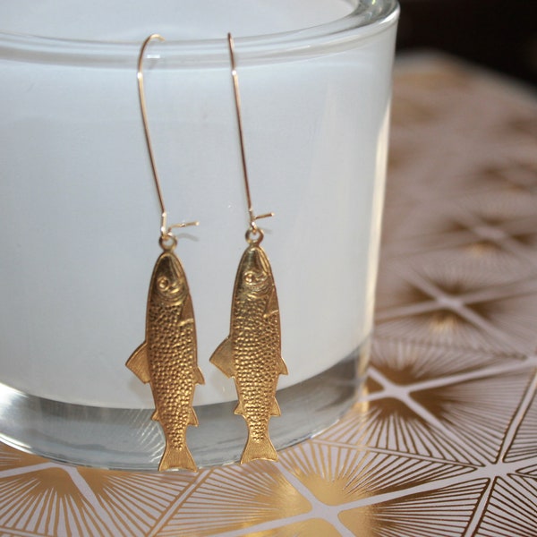 Brass Salmon Dangle Earrings, Fish Earrings, Trout, Alaska Gal, Oregon, Idaho,  Nature Lover, Camping, Woodland Earrings, Nature jewelry