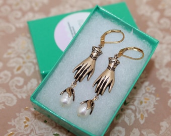 Brass Victorian Hand Earrings w/Pearl Drops – A Must-Have for Jane Austen Fans! Vintage inspired Brass Earrings | Jane Austen gift