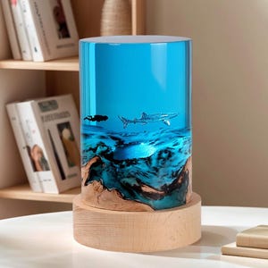 Custom Epoxy Resin Lamp, Resin Wood Art Night Light, Bedside Table Lamp, Ocean Whale Shark Turtle Lamp, Deep Sea Diving Light, Unique Gift