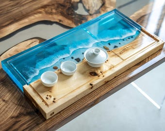 Handmade Resin Tea Tray: Ocean Landscape Wood Tea Table