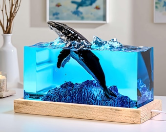 Handmade Ocean Humpback Whale Iceberg Resin Night Light, Epoxy Wood Lamp Artwork Decor