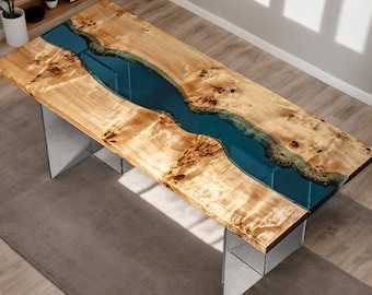 Custom Epoxy Resin River Table: Handmade Wood Dining Table