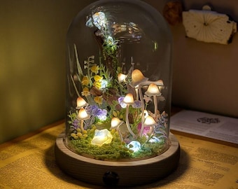 Handmade Mushroom Lamp with Natural Healing Crystals, Miniature Forest Art Decor Night Light