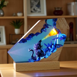 Handmade Resin Night Light, Bedroom Lamp, Godzzilla Anime Epoxy Lamp, Epoxy Resin Wood Lamp, Personalized Home Art Decor Light, Gift for Him