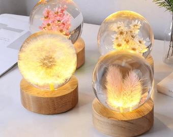 Flowers Resin Night Light: Handmade Crystal Ball Lamp, Dandelion, Daisy, Rose, Tulip, Sunflower, Carnation
