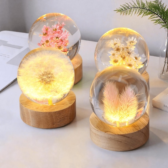 Blumen Nachtlicht: Handgefertigte Kristallkugel Lampe, Pusteblume, Gänseblümchen, Rose, Tulpe, Sonnenblume, Nelke