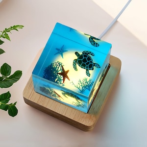 Resin Night Light – LED Epoxy Ocean Lamp, Bedside Cube Lamp, Handmade Resin Wood Turtle Night Lamp, Kids Bedroom Decor Night Light Gift