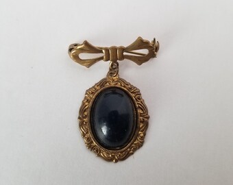 Vintage Gothic Brooch: Ornate Bow, Faux Onyx Cabochon