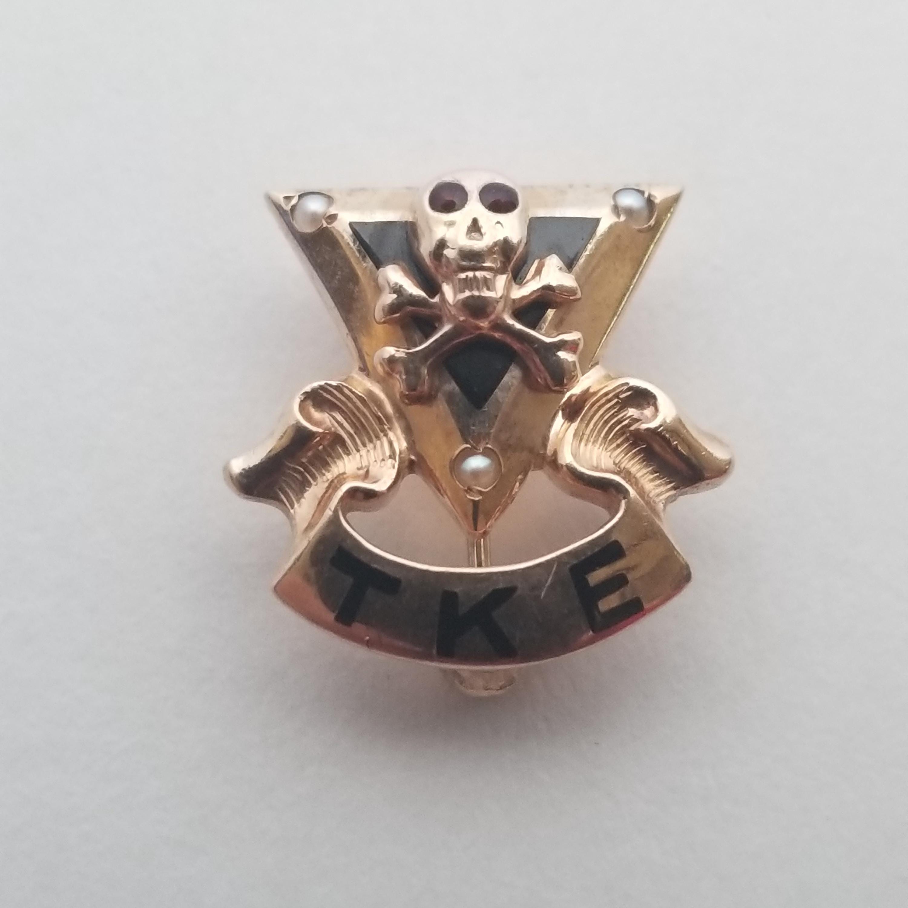Tau Kappa Epsilon Fraternal Badge/Pin - 10k Yellow Gold, Seed Pearls, & Garnets