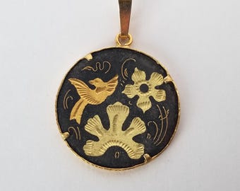 Vintage Spanish Damascene Gold Tone Flower Bird  Pendant