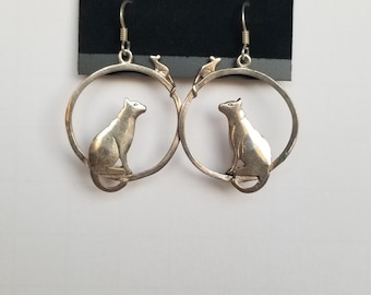 Vintage Sterling Silver 925 Cat and Mouse Dangle Earrings Pierced Ear Hook