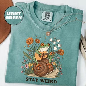 May include: Light green t-shirt with a graphic of a frog playing a guitar while sitting on a snail, surrounded by flowers. The text "STAY WEIRD" is printed at the bottom. The shirt has a Comfort Colors tag.