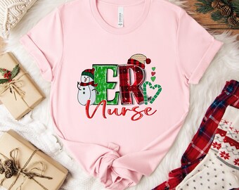 ER Nurse Christmas T-Shirt: Snowman, Candy Cane, Plaid Design