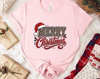 Merry Christmas Leopard Print Santa Hat T-Shirt – Holiday Graphic Tee