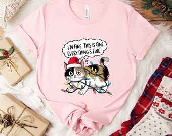 I'm Fine Everything Is Fine Cat Christmas Shirt, Funny Black Cat Xmas Tee, Holiday Graphic Shirt, Christmas Gift for Cat Lover