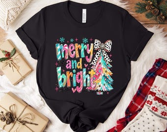 Merry and Bright Christmas Shirt, Pink Merry Christmas Tee, Women's Holiday Tshirt, Mommy and Me Shirt, Festive Winter Gift