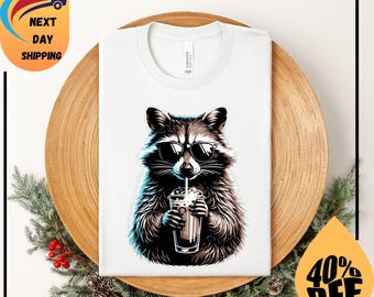Raccoon Drinking Iced Coffee Shirt, Funny Animal Meme Tee, Coffee Lover Raccoon tshirt