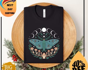 Mystical Moon Moth Shirt Comfort Colors®, Butterfly and Mushroom Tee, Witchy Cottagecore Lunar Phase Shirt, Celestial Forest Aesthetic Shirt