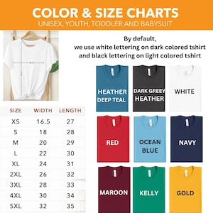 Puede incluir: Tabla de tallas de camiseta unisex con medidas en pulgadas para el ancho y la longitud. La tabla muestra diferentes opciones de color para las camisetas, incluyendo Heather Deep Teal, Dark Greey Heather, White, Red, Ocean Blue, Navy, Maroon, Kelly y Gold.