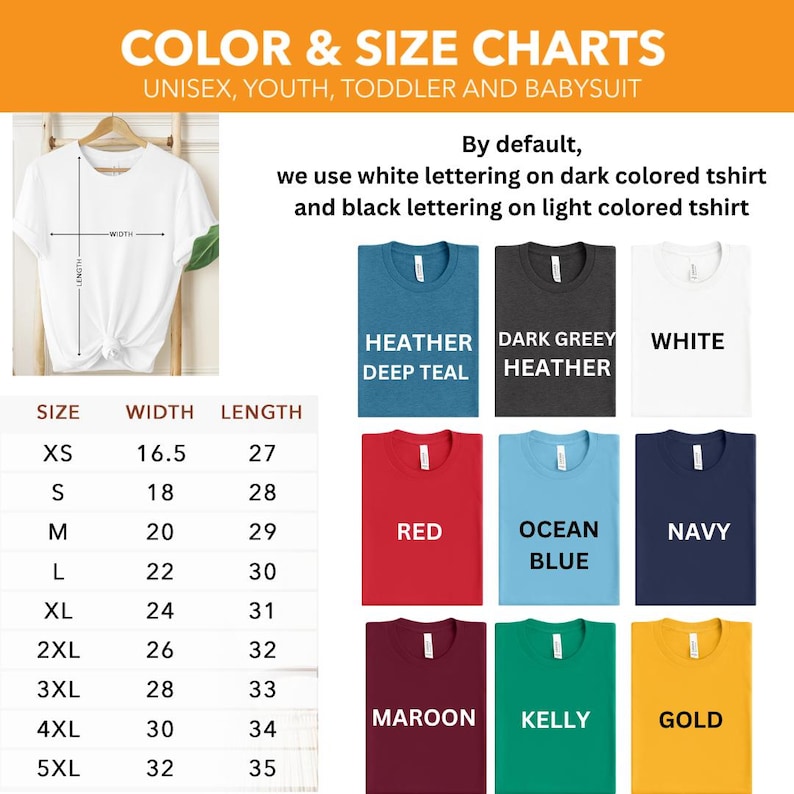 Puede incluir: Tabla de tallas de camiseta unisex con medidas en pulgadas para el ancho y la longitud. La tabla muestra diferentes opciones de color para las camisetas, incluyendo Heather Deep Teal, Dark Greey Heather, White, Red, Ocean Blue, Navy, Maroon, Kelly y Gold.