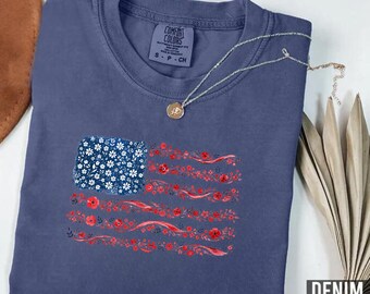 Floral USA Flag Shirt, Floral American Flag Shirt, Womens USA Shirt, Patriotic Gift