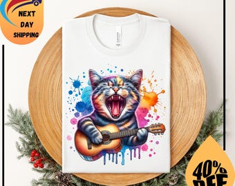Rock and Roll Cat Shirt Electric Guitar Kitty Tee Funny Music Lover Gift for Him Her Cool Animal Band TShirt Vintage Distressed Graphic