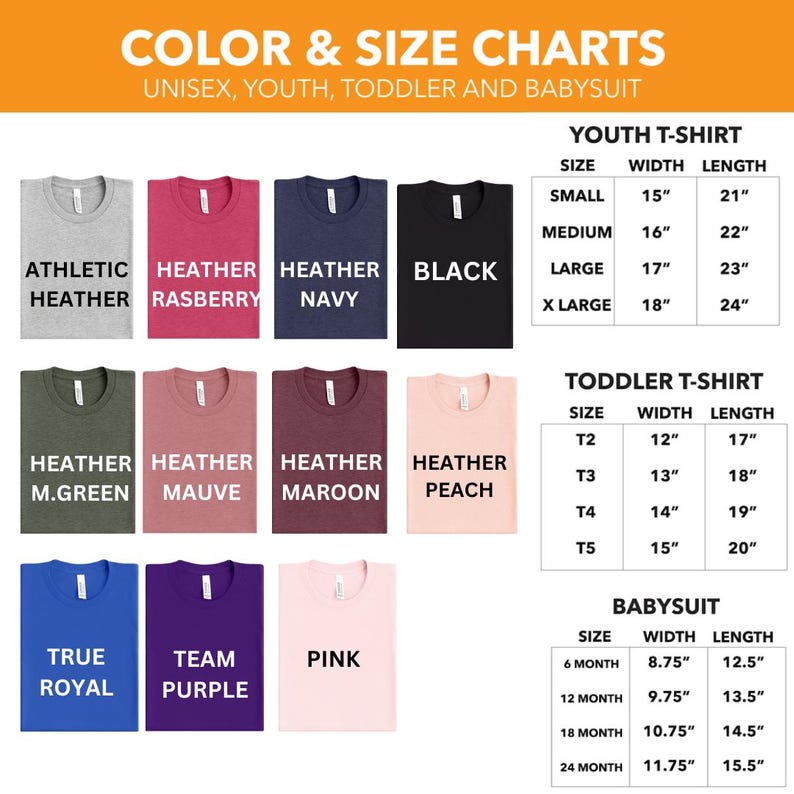 Puede incluir: Tablas de colores y tallas para camisetas unisex, camisetas para ni&ntilde;os peque&ntilde;os y bodies para beb&eacute;s. Las tablas muestran los colores y tallas disponibles para cada tipo de prenda. Los colores incluyen gris deportivo, frambuesa jaspeado, azul marino jaspeado, negro, verde jaspeado m.green, malva jaspeado, granate jaspeado, melocot&oacute;n jaspeado, azul real, morado de equipo y rosa. Las tallas para camisetas de j&oacute;venes son peque&ntilde;a, mediana, grande y extra grande. Las tallas para camisetas de ni&ntilde;os peque&ntilde;os son T2, T3, T4 y T5. Las tallas para bodies de beb&eacute; son 6 meses, 12 meses, 18 meses y 24 meses.