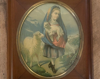 Antique 1883 Victorian Era Chromolithrograph/Color Print Young Shepardess Framed
