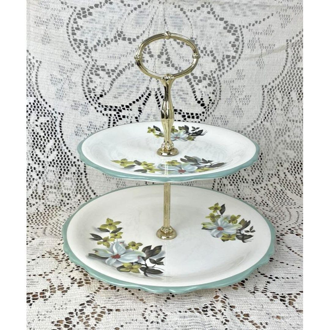 royal-winton-grimwades-two-tier-cake-stand-vtg-mcm-blue-floral-tea