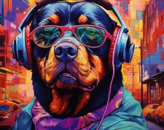 Paquete PNG de Rottweiler / Perro genial con auriculares y gafas de sol / Diseño de camiseta para amantes de los perros / Sublimación de perro divertido / Paquete de 4 diseños
