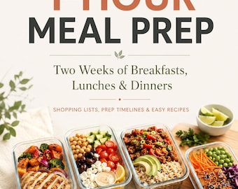 May include: A cookbook titled 1-HOUR MEAL PREP: Two Weeks of Breakfasts, Lunches & Dinners by Alyssa K. Gordon. The cover features four glass containers filled with various prepared meals, including chicken, vegetables, grains, and avocado.
