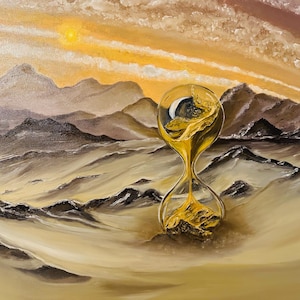 May include: An original oil painting depicts an hourglass in a desert landscape under a sunset sky. The hourglass is filled with golden sand, and the background features mountains and a bright sun. The color palette includes shades of yellow, brown, and orange.
